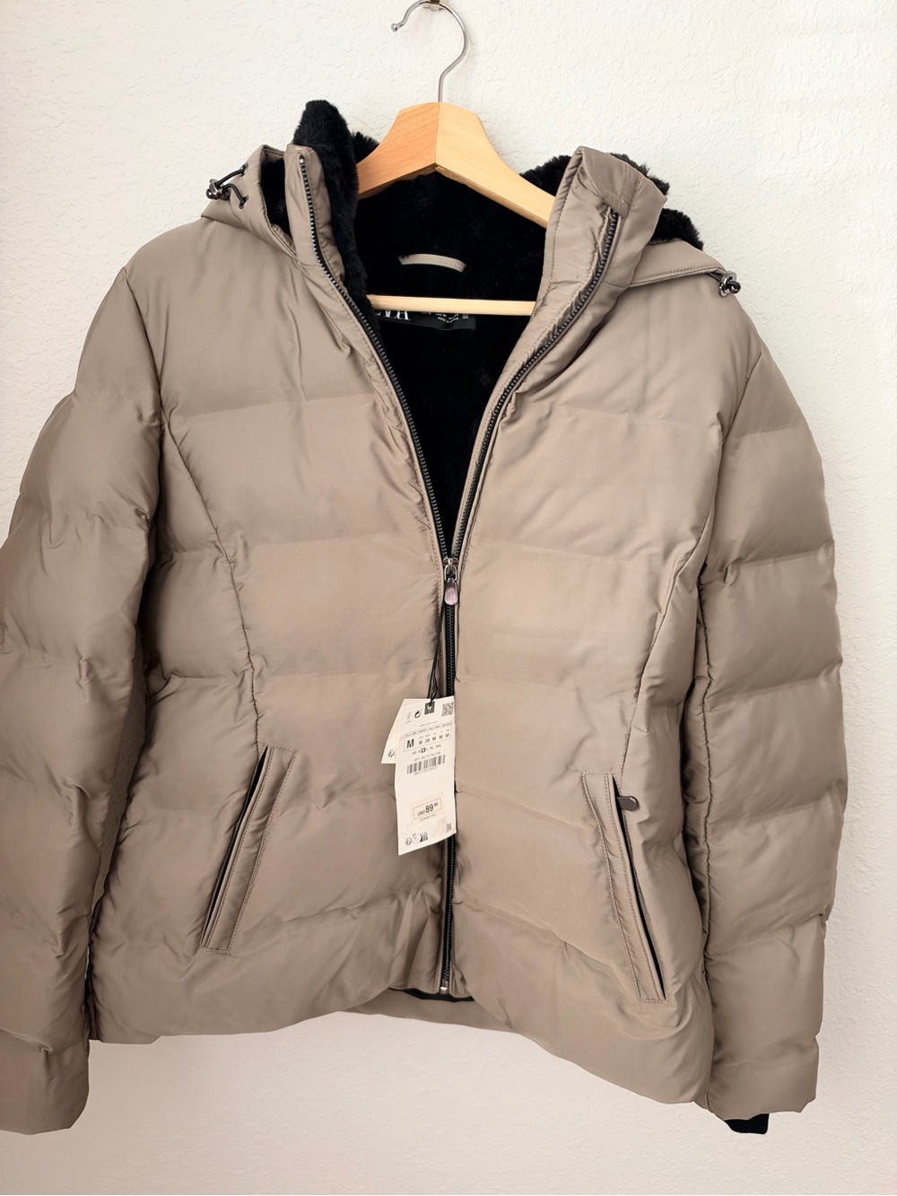 Zara Taupe Puffer Jacket with Hood